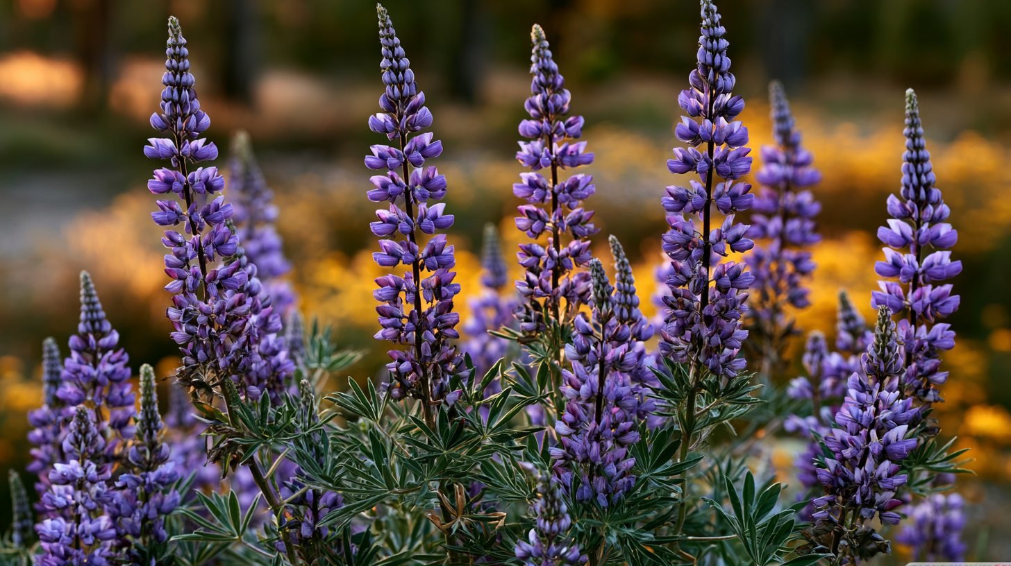 Purple lupine flowers blooming in sunlight.