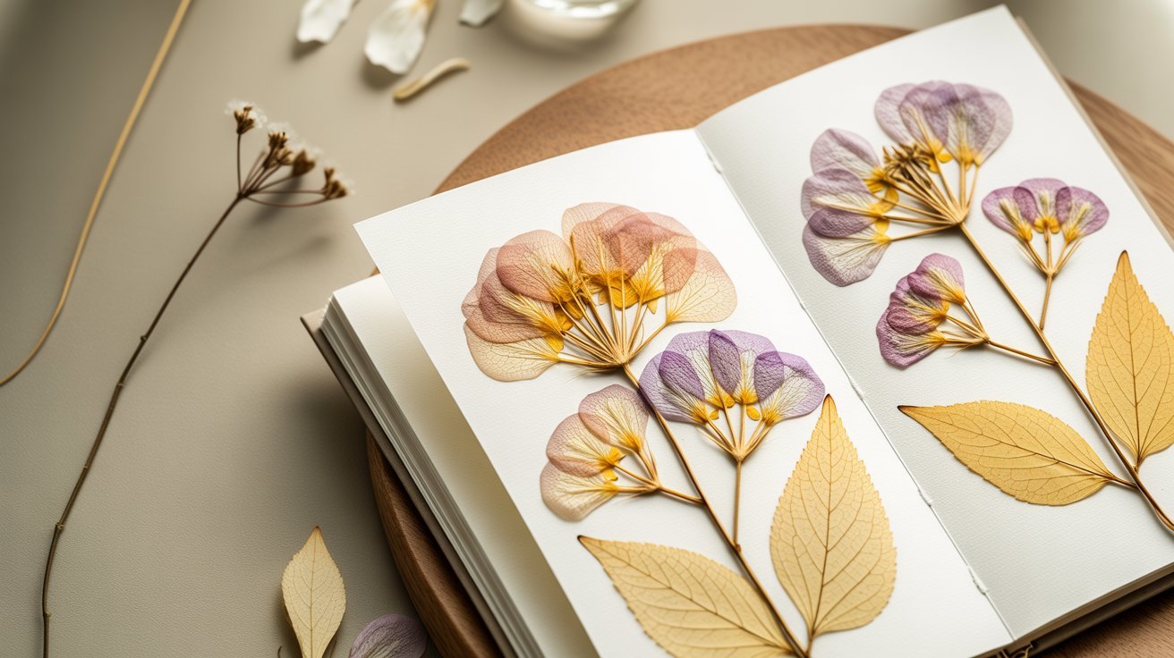 Pressed flowers safely stored in archival paper, preserving vibrant colors, delicate petals, and lasting botanical beauty.