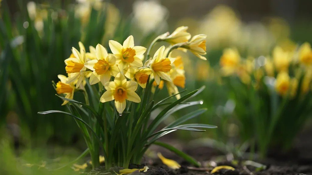 Yellow jonquils blooming in a spring garden symbolizing happiness, resilience, and good fortune.