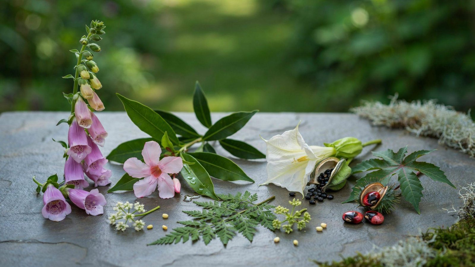 Poisonous flowering plants showing toxic roots, seeds, leaves, flowers, and sap in a realistic botanical setting.