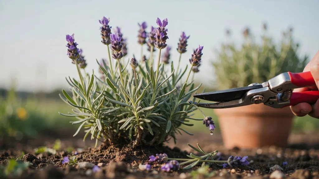 Cutting lavender stems above the woody base using pruning shears.