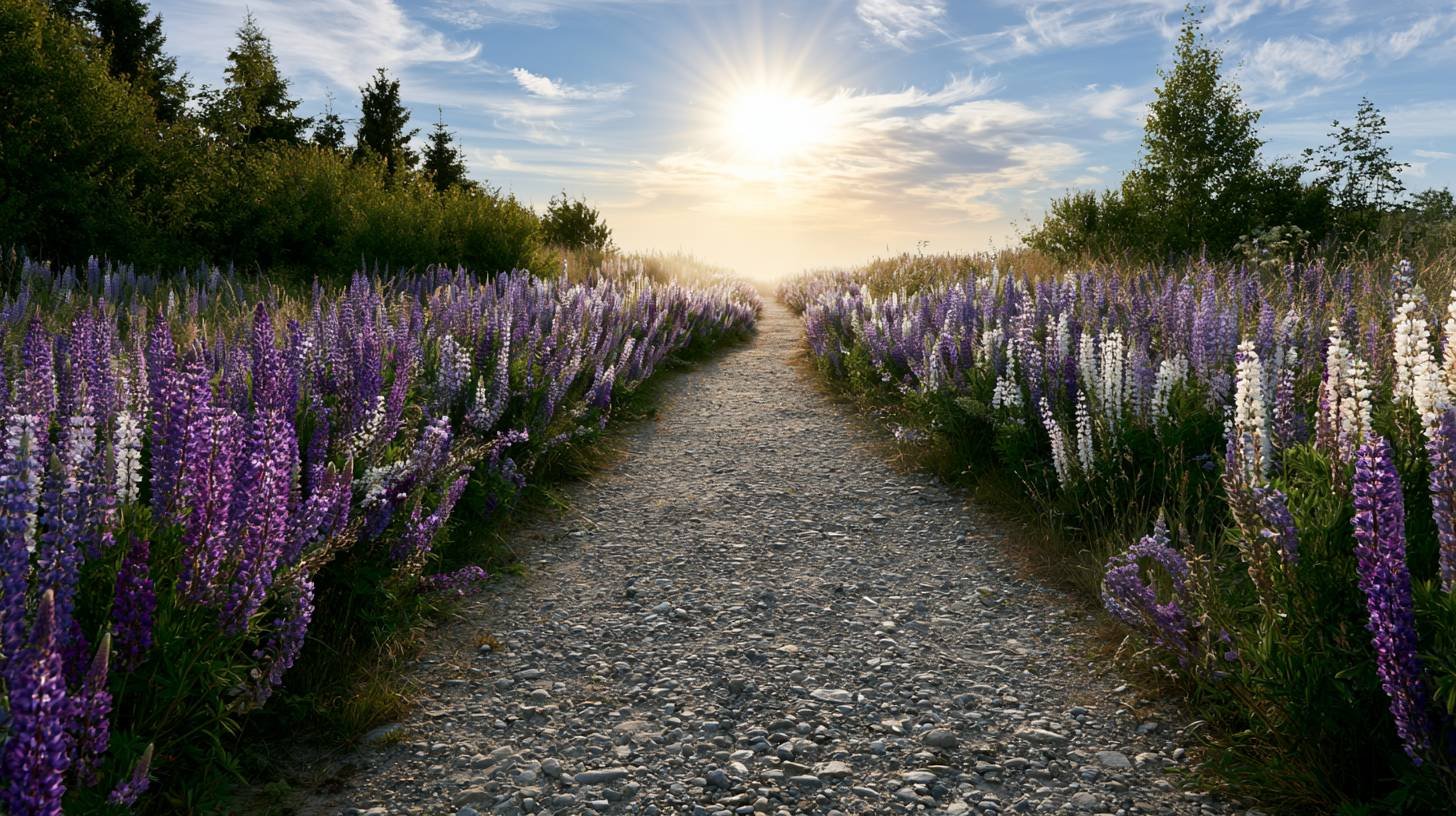 Garden path lined with blooming lupine flowers.