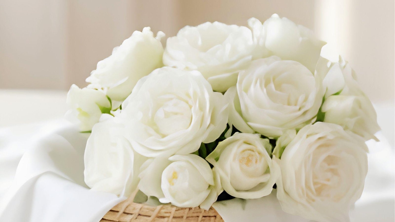 Classy white roses arranged in a wicker basket, reflecting Libra's love for peace and harmony.