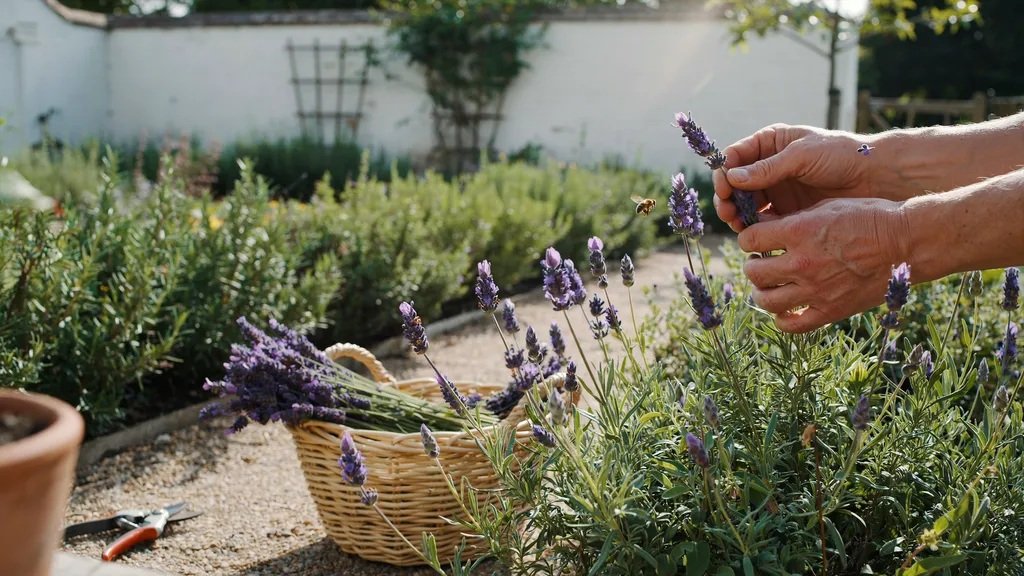 Selecting healthy lavender stems before cutting for harvest.