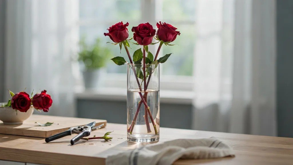 Reviving wilted roses by trimming the stems and placing them in fresh lukewarm water.