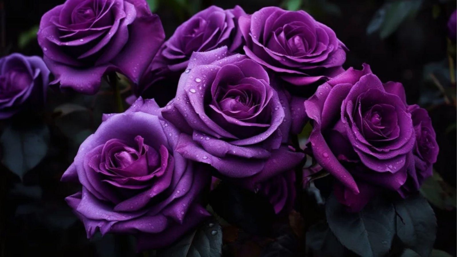 Dark purple roses with dewdrops on petals, capturing mystery, transformation and regal splendor