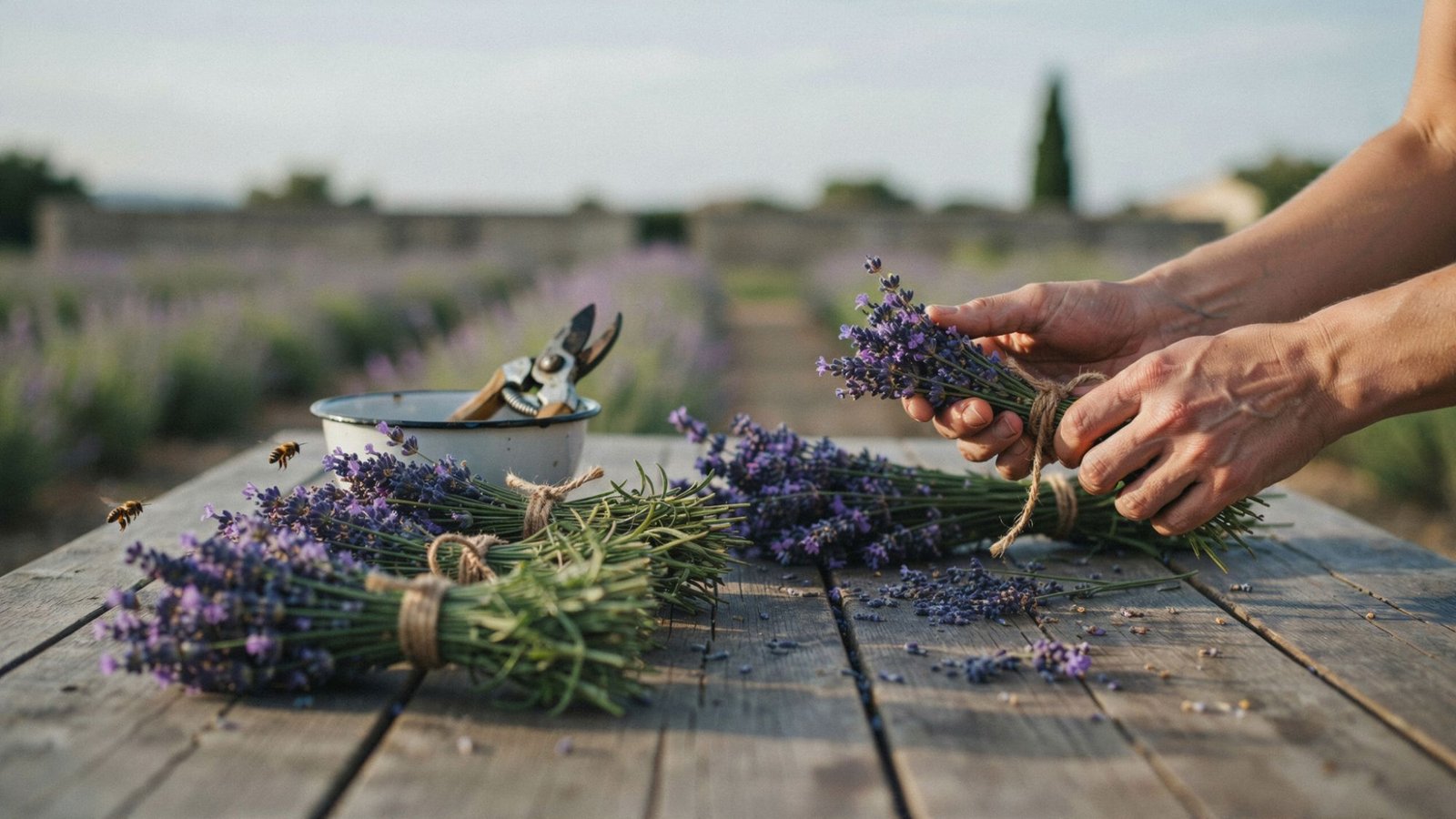 Fresh lavender stems tied into small bunches for drying.
