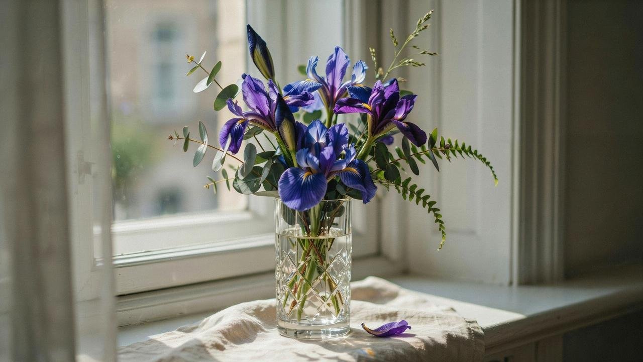 Blue and purple iris flowers representing wisdom, faith, hope, trust, and loyal friendship.