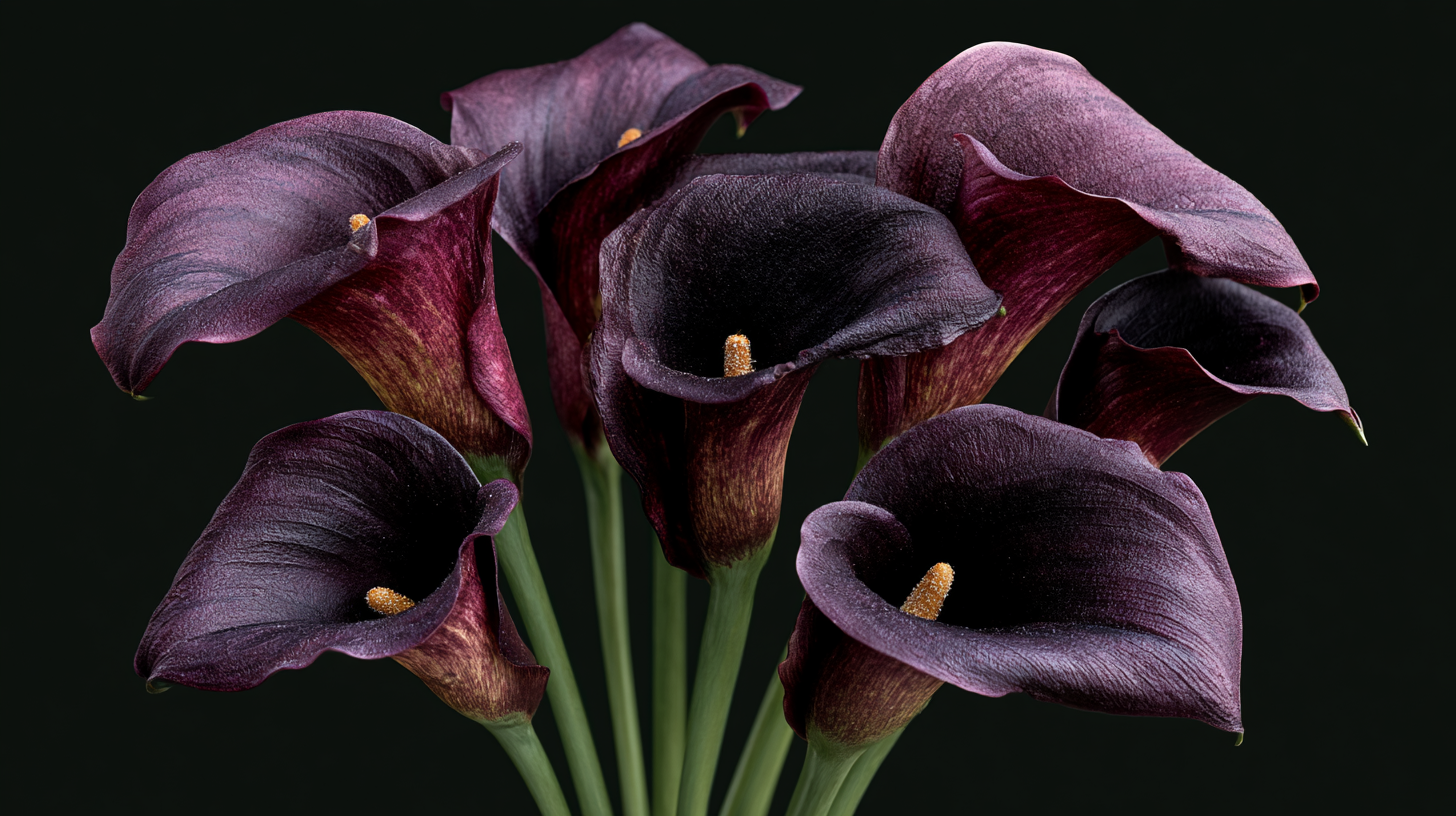 Deep purple calla lilies symbolizing mystery and elegance.