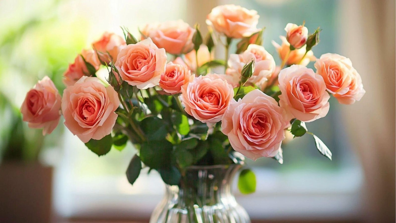 Peach roses bouquet in sunlight shows fresh blooms stay vibrant longer with daily water changes.