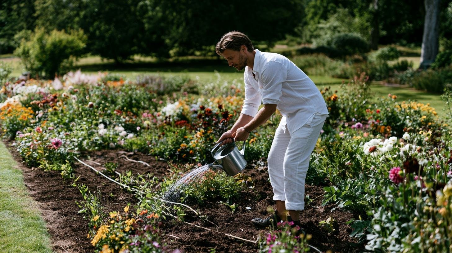 Healthy cut flower garden being cared for with watering.