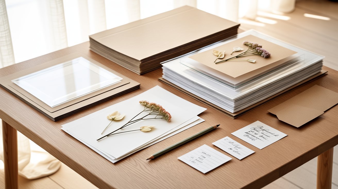 Important pressed flower storage supplies arranged neatly with archival paper, glassine sheets, folders, labels, and cardboard.