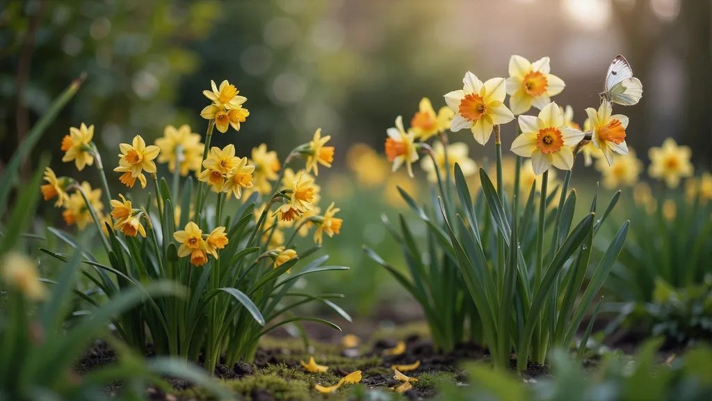 Side-by-side comparison of jonquil clusters and single-bloom daffodils in a spring garden.