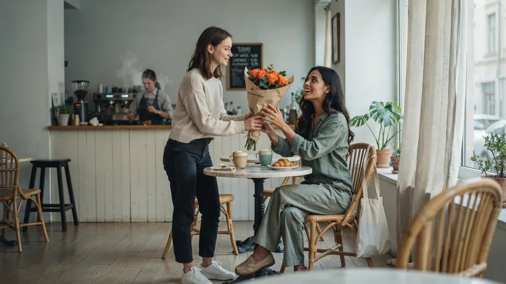 A woman gifting her friend orange rose bouquet in a cafe setting as they greet each other.