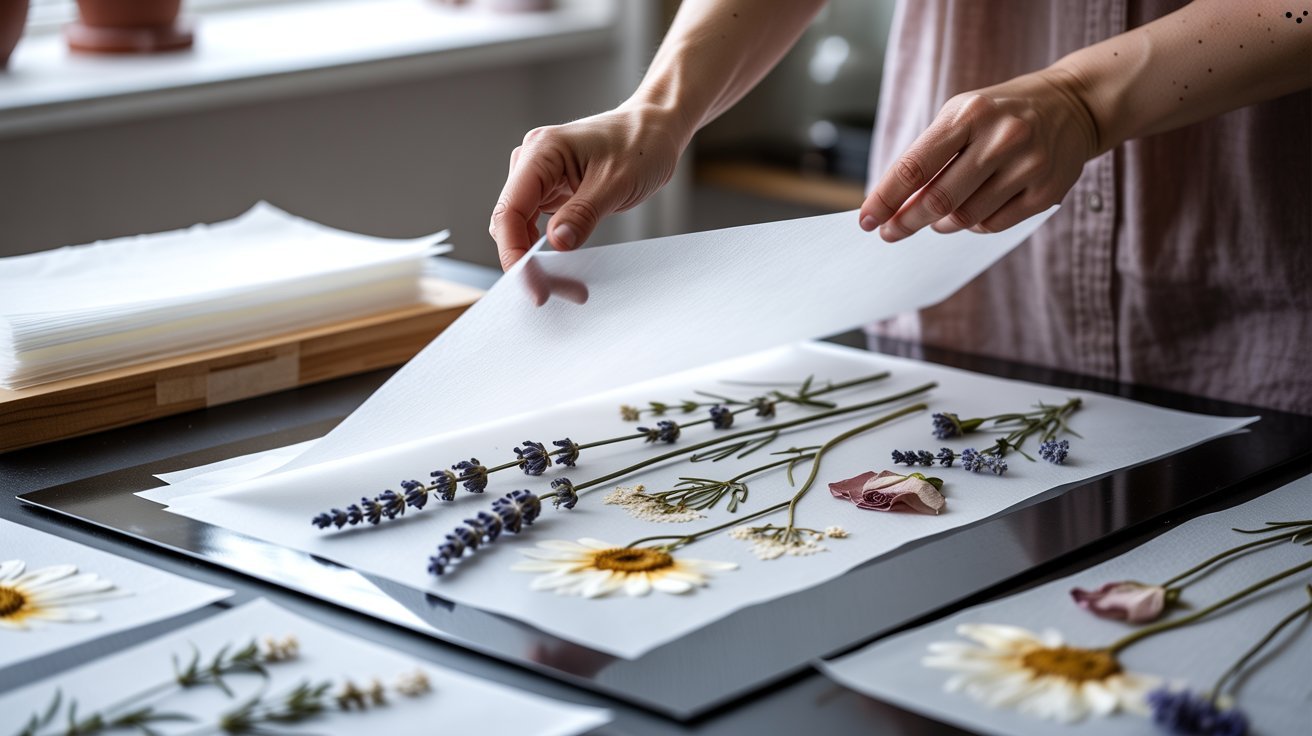 Glassine paper separating layers of pressed flowers to prevent sticking and protect delicate petals.
