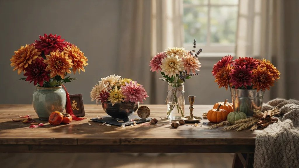 Chrysanthemums displayed as an autumn flower with cultural symbolism shown through different global settings.