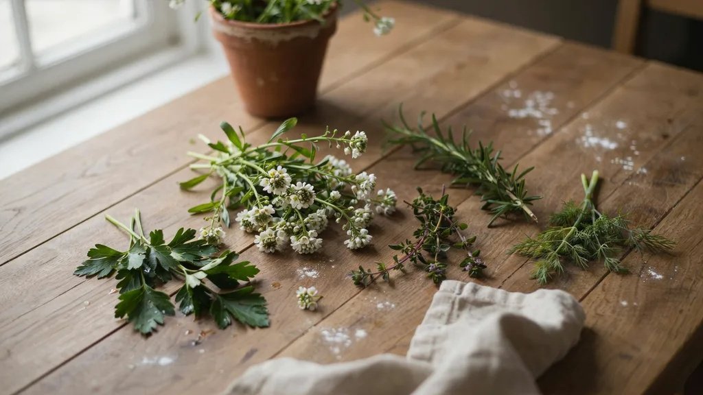 Fresh alyssum flowers displayed with herbs on a wooden table.