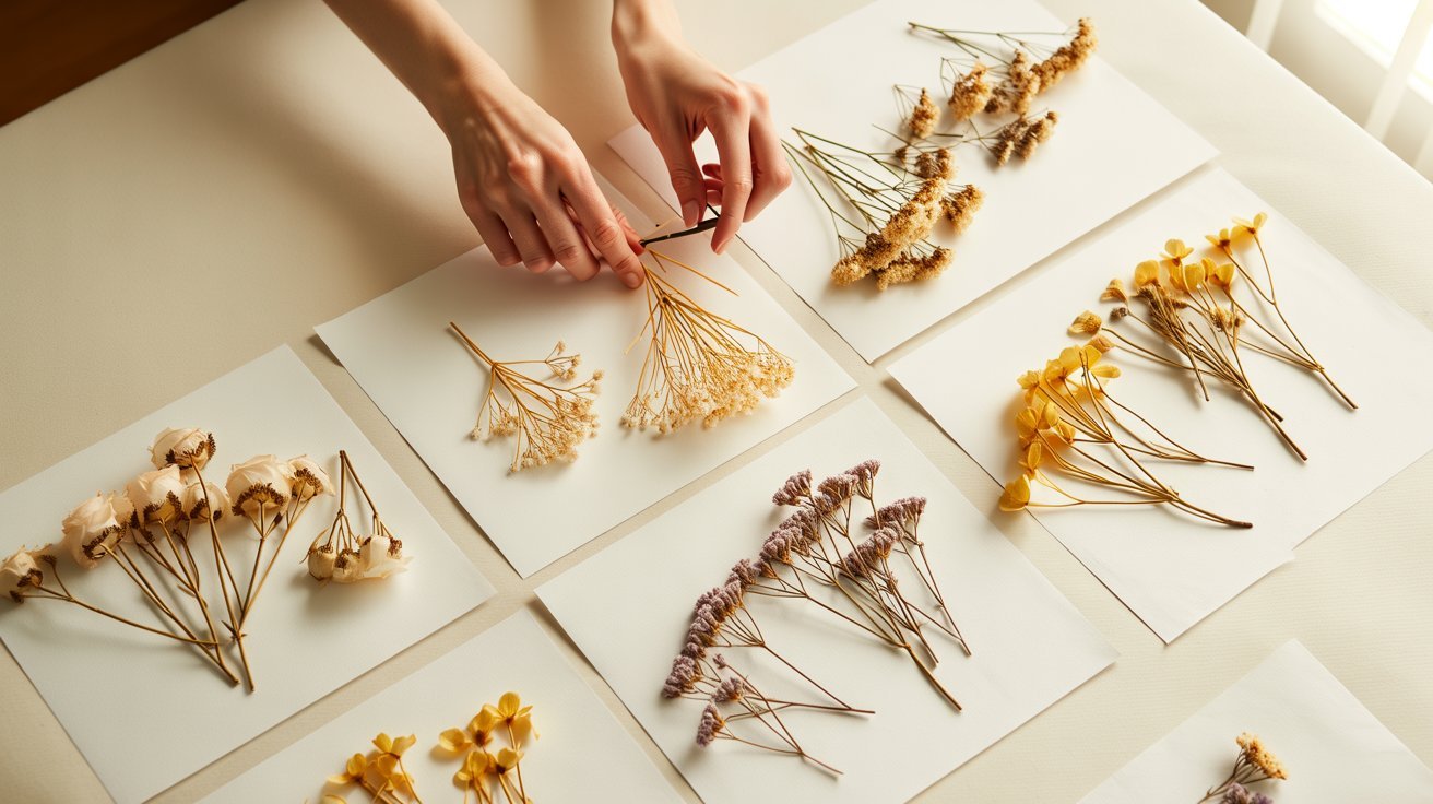 Hands sorting pressed flowers by size, color, and type on acid-free paper before storage.