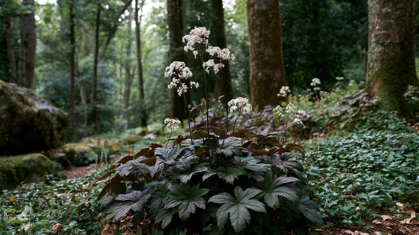 Hillside Black Beauty with dark foliage and white flowers.