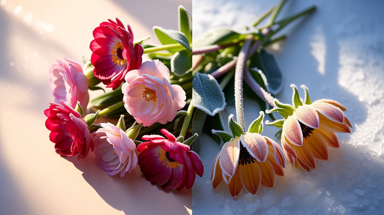 Fresh cut flowers showing frost damage with ice crystals, wilted petals, brown edges, and weakened stems