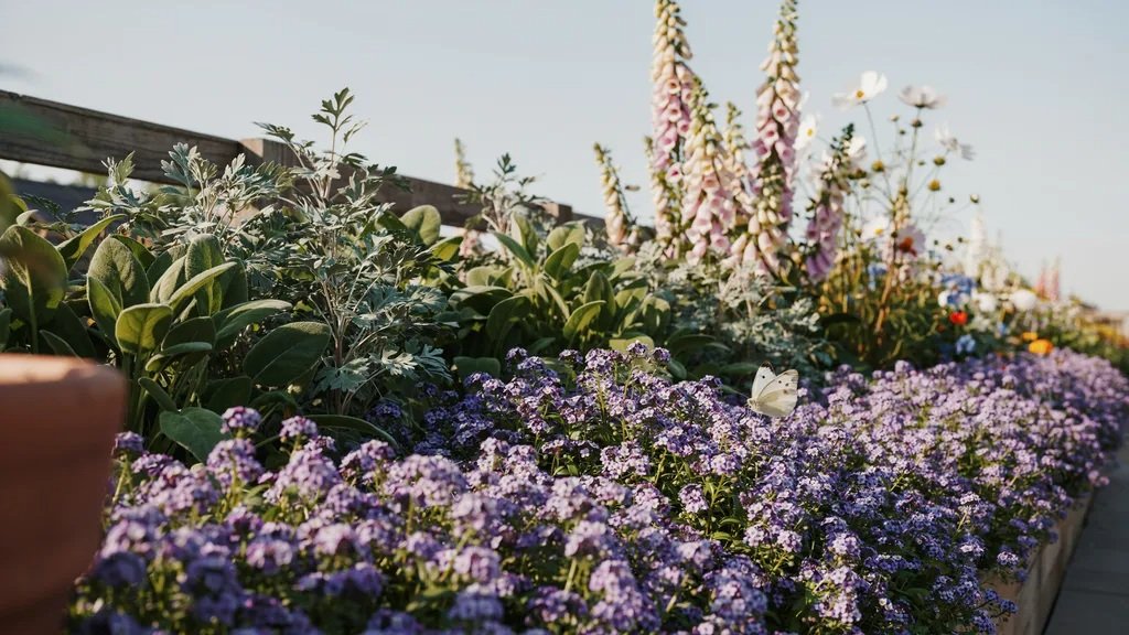 Purple alyssum flowers blooming in a colorful garden.