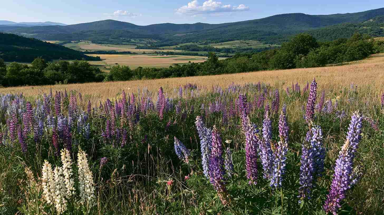 Wild lupine flowers growing in a natural meadow.