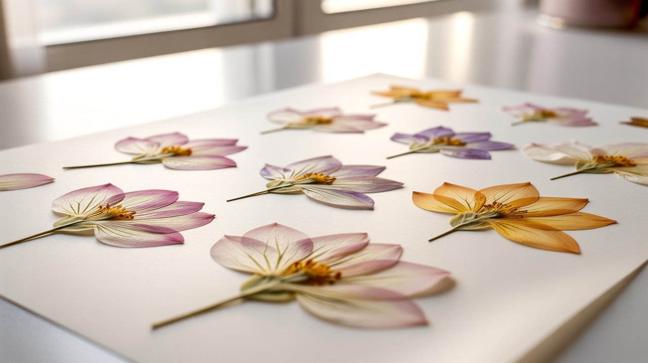 Pressed flowers arranged flat in a single layer on acid-free paper without overlapping.