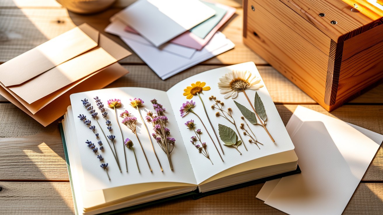 Pressed flowers stored inside botanical journal with archival paper, preserving delicate blooms beautifully for lasting display.