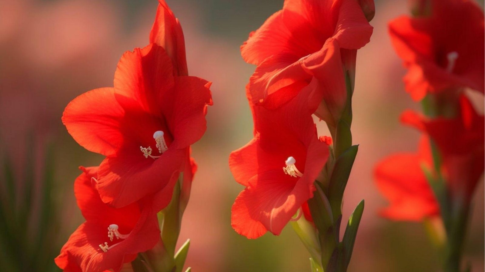 Bold red gladiolus close-up in sunlight, meaning passion, love, courage, and strong moral conviction.