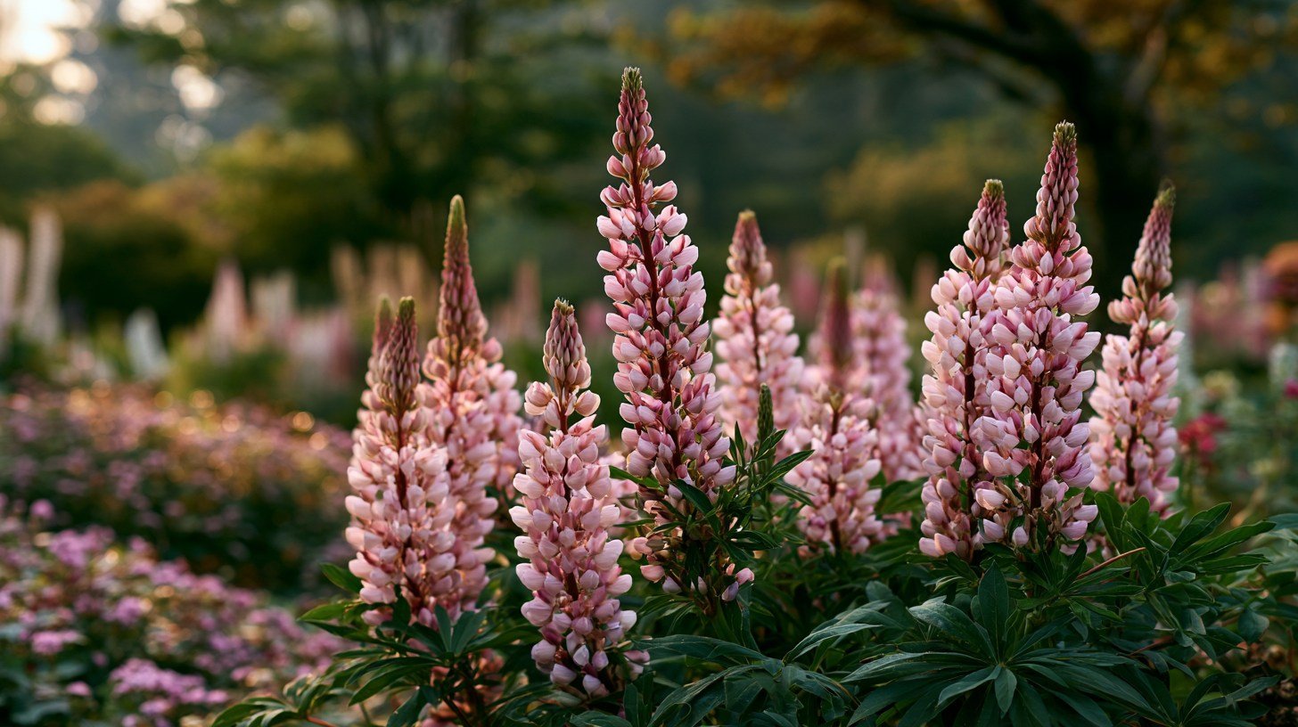 Pink lupine flowers in bloom.