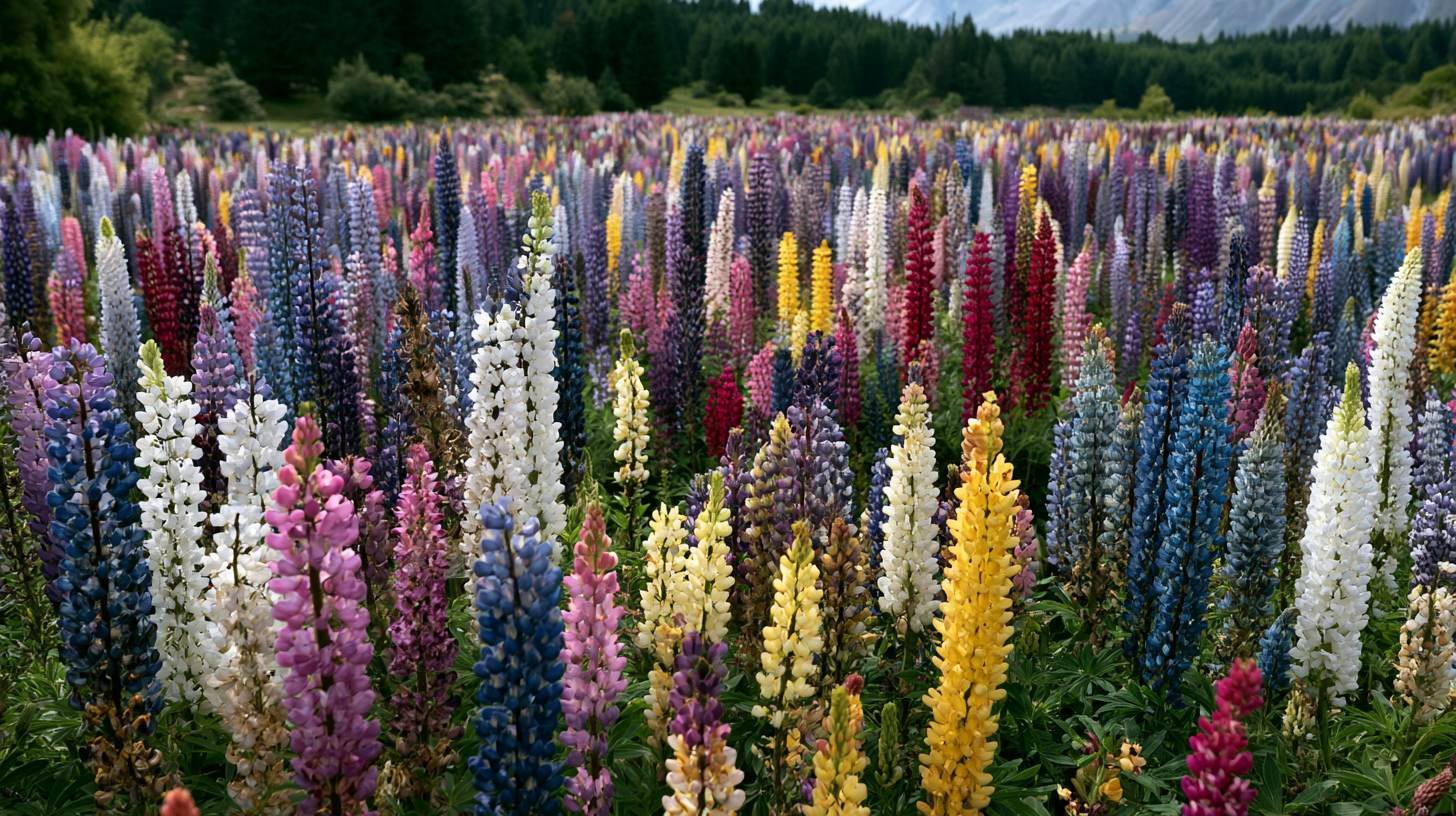 Multicolored lupine flowers growing together.