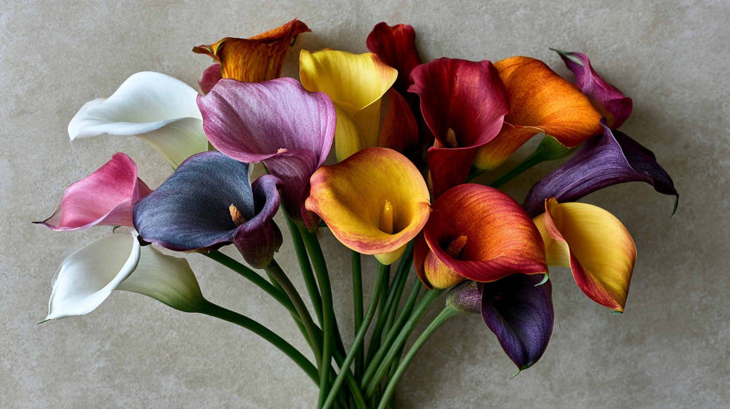 Multicolored calla lilies arranged together showing different flower colors and symbolism.