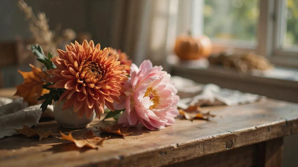 Chrysanthemum and peony flowers displayed side by side to represent November birth flower traditions.
