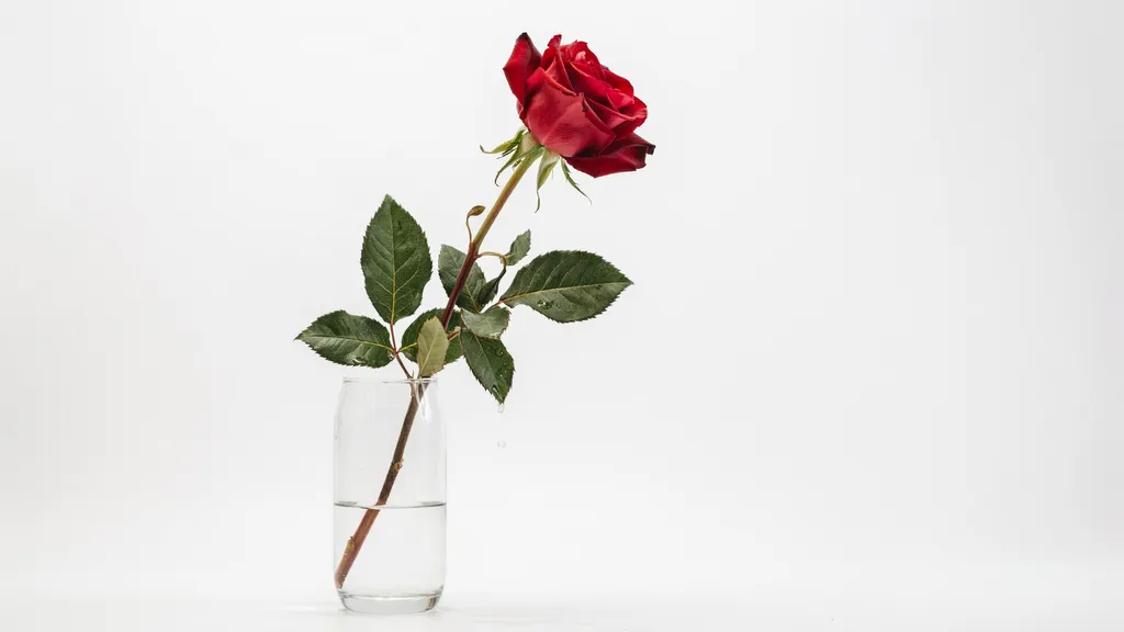 Fresh rose absorbing water through its stem in a clear glass vase.
