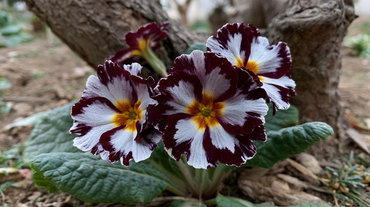Silver Laced Primrose with white-edged dark petals.
