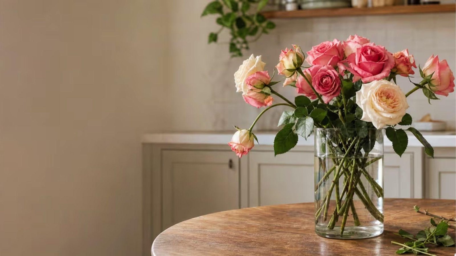 Pink roses in a clear vase show drooping petals when water runs low after several days in the room.