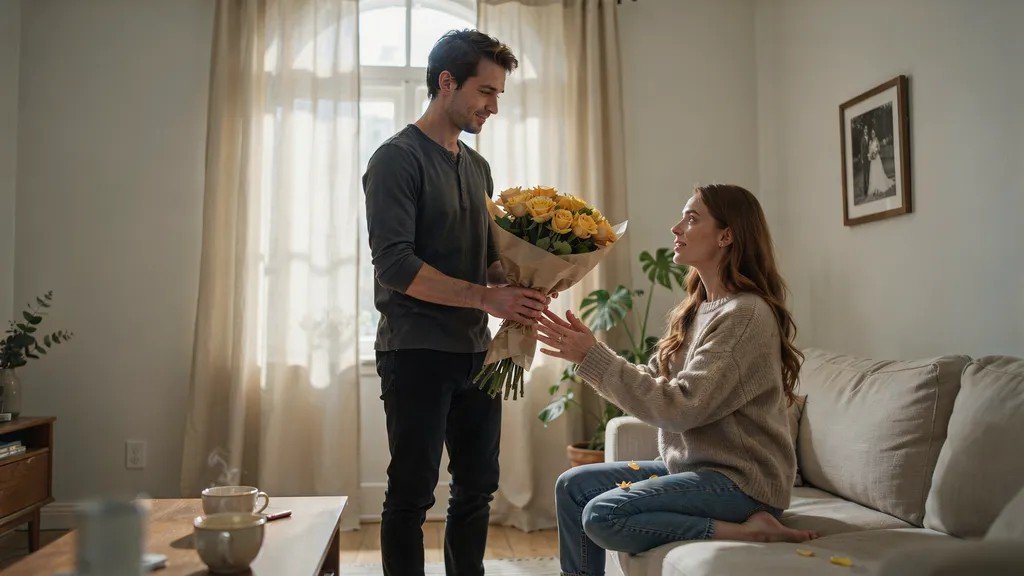 A man gifting his wife yellow rose bouquet as she looks happy and excited.