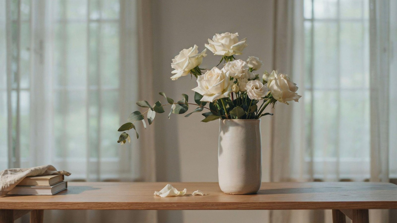 White roses in modern minimalist décor symbolizing clarity, timeless elegance, confidence, and simple beauty