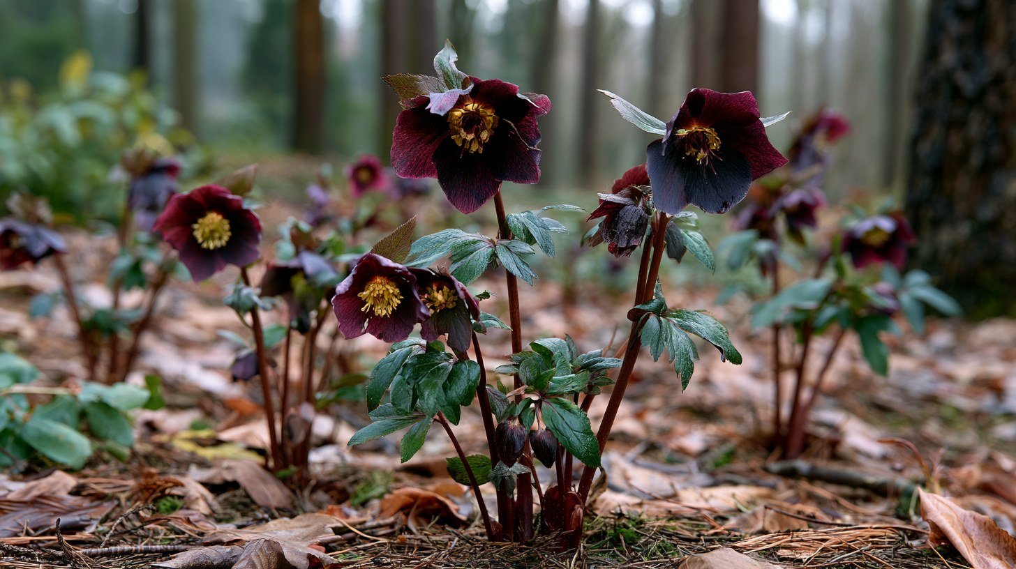 Dark Onyx Odyssey Hellebore flowers in bloom.