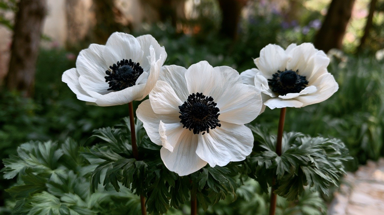 White Anemone Carmel White flower with a dark center.