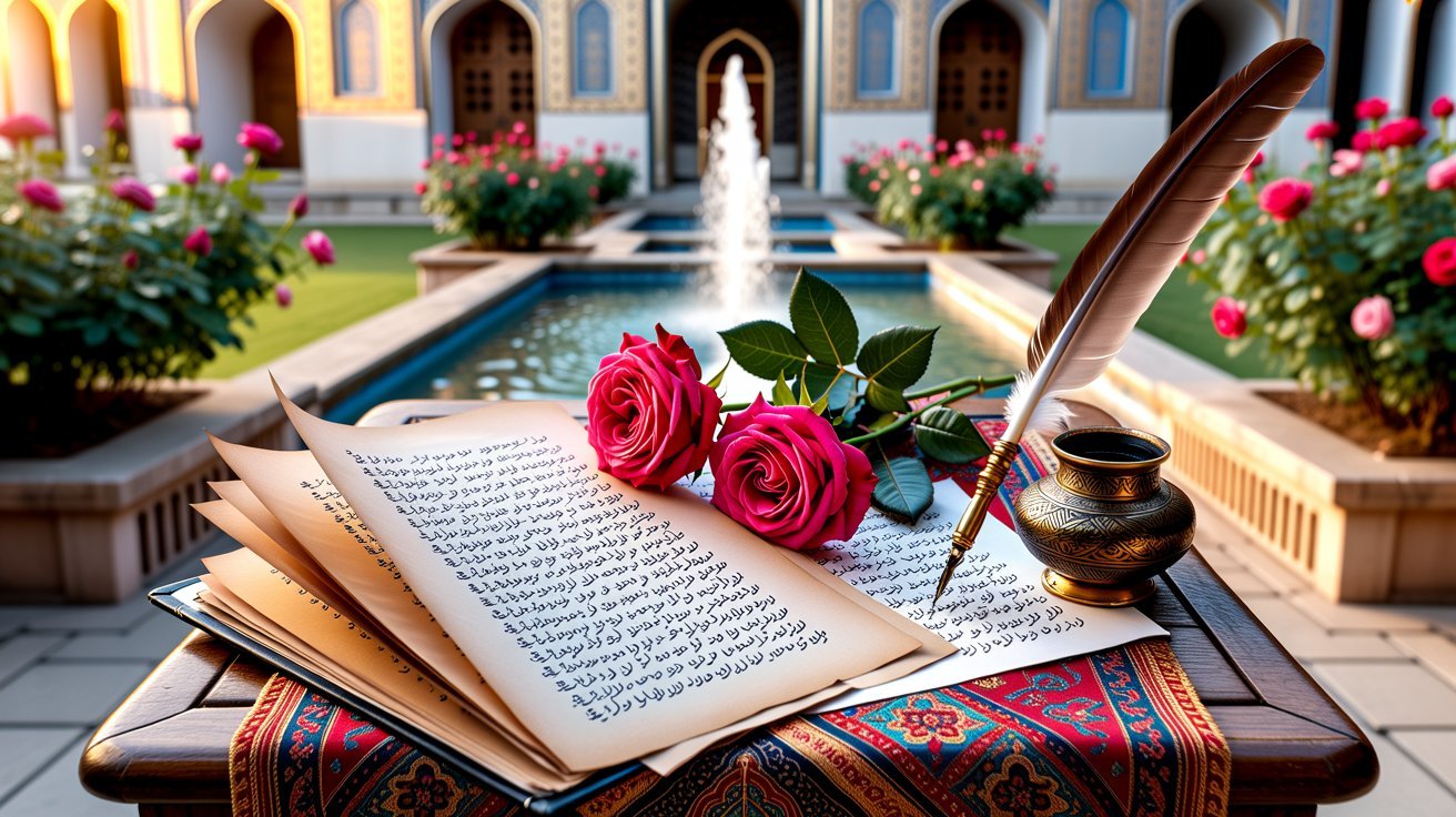 Red roses with Persian poetry manuscripts symbolizing love, beauty, life, and deep emotion.