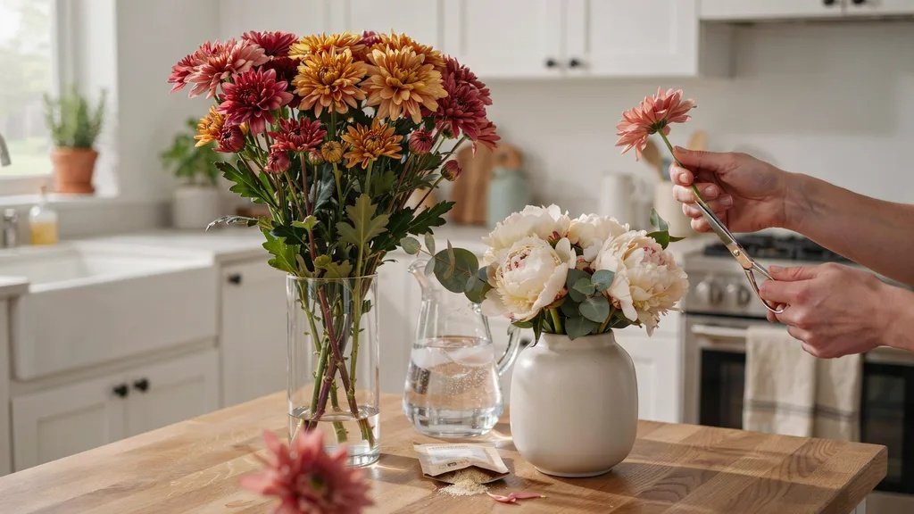 Caring for chrysanthemums and peonies in vases by trimming stems, changing water, and keeping them in a cool spot.