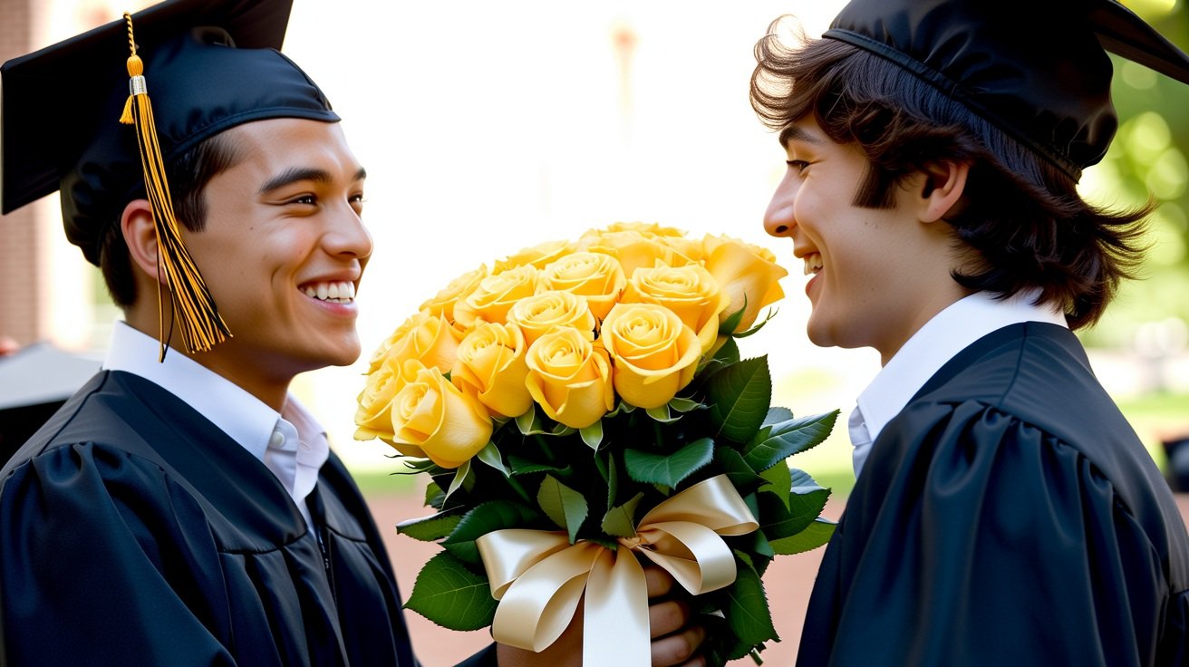 A friend giving his friend a yellow rose bouquet on his graduation.