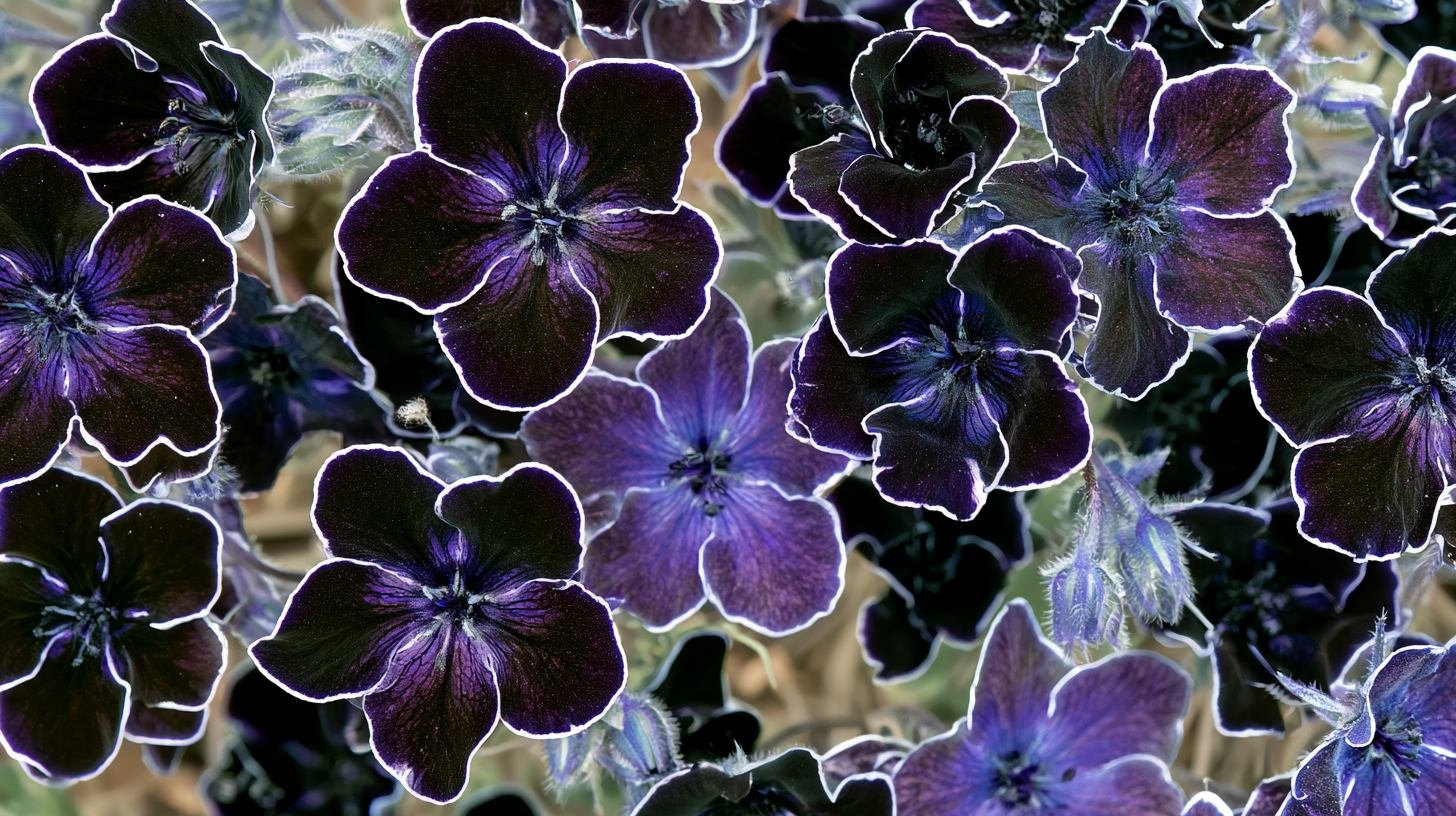 Penny Black Nemophila flowers with white edges.