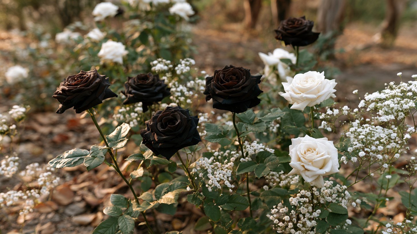 Black Baccara roses paired with white companion flowers.