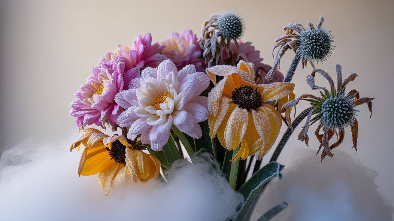 Fresh flowers showing frost damage, dehydration, and wilting caused by rapid cold temperature changes