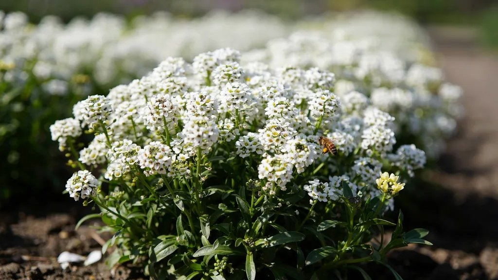 White alyssum flowers blooming in bright natural sunlight.