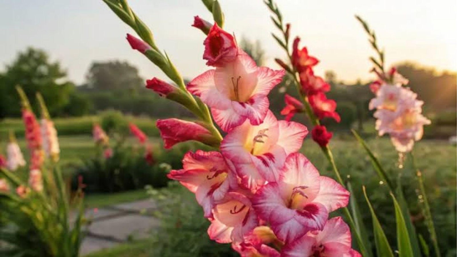 Pink gladiolus stalks with green bokeh, in a pond symbolizing softness, love.