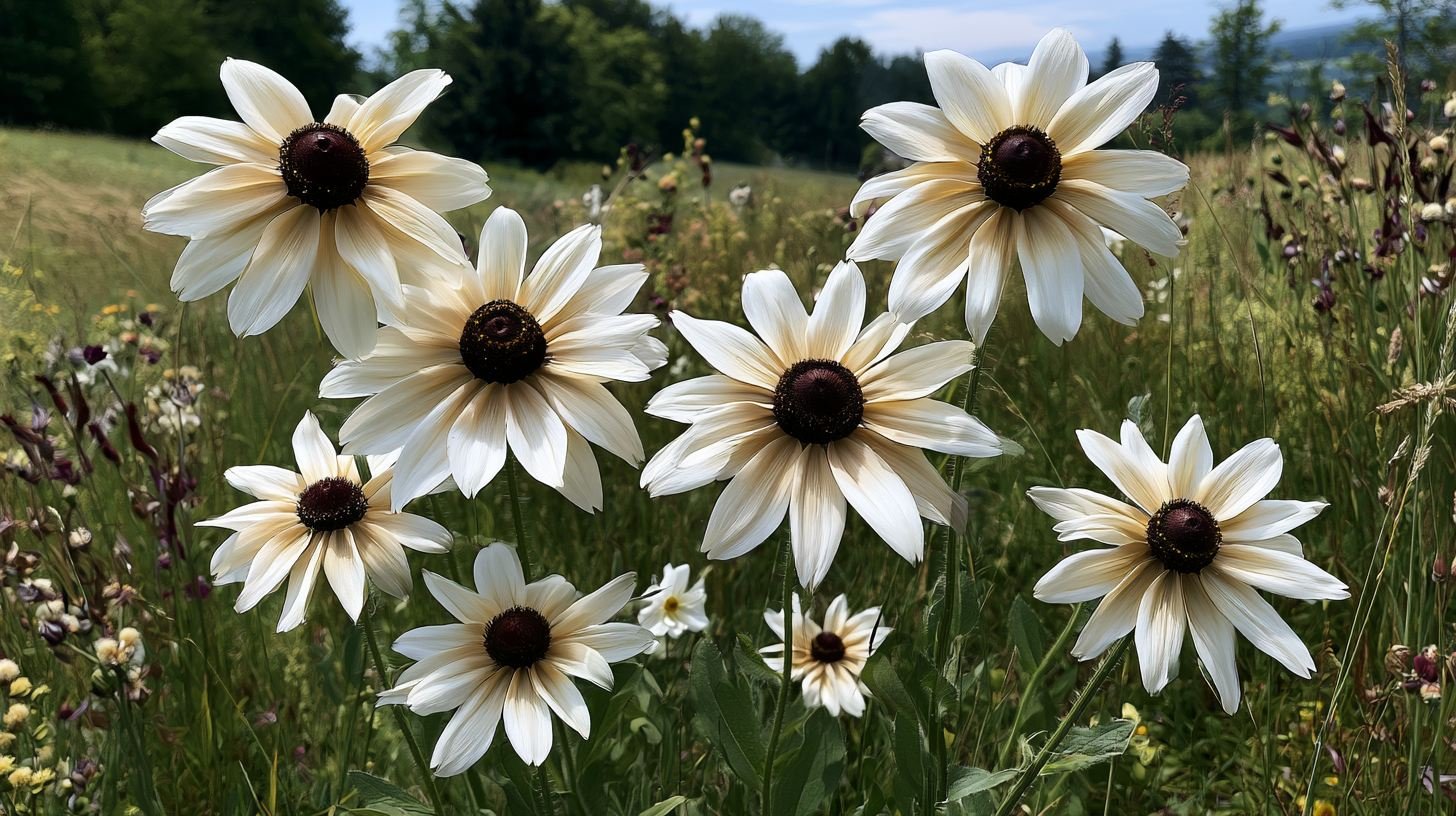 White Black-Eyed Susan flowers with dark centers.