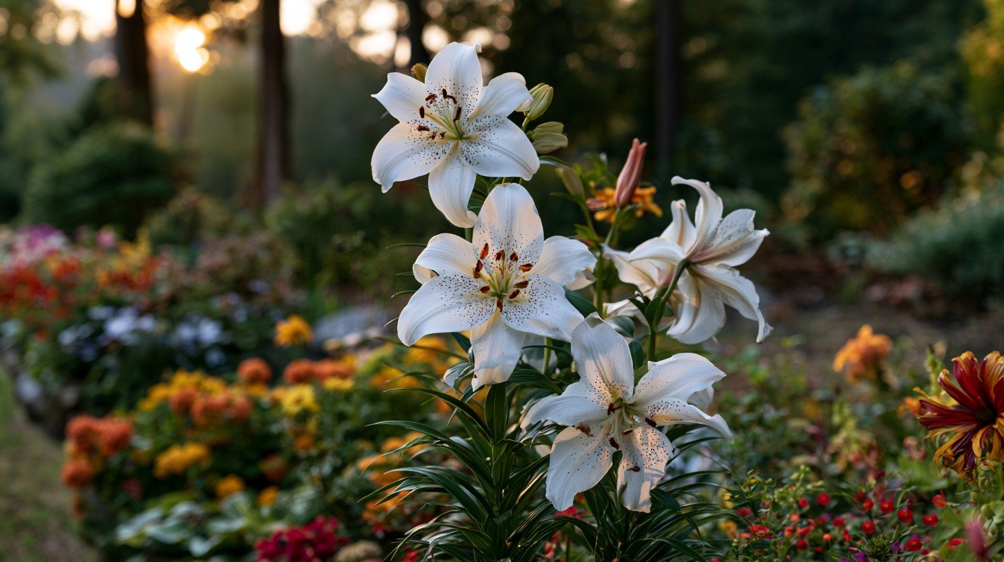 Big Bang lily with white petals and dark speckles.